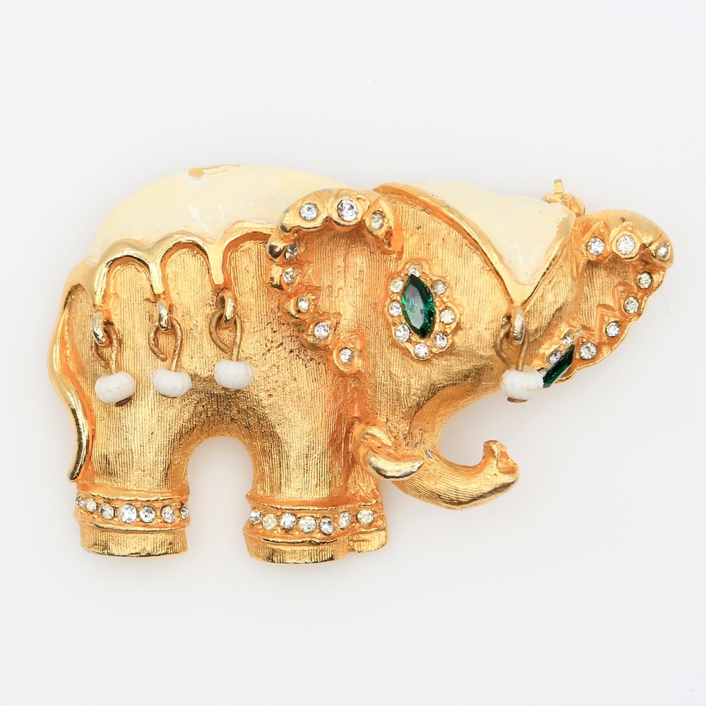 Vintage Hattie Carnegie Elephant Brooch Enamel Rhinestone Gold Tone 1950s